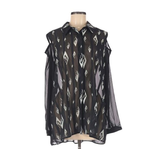 Simon Chang Sheer Long Sleeve Cold Shoulder Button Down Blouse Women's Medium - Picture 1 of 14